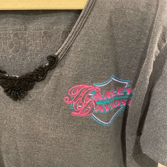 Harley Davidson Vintage V Neck Crochet Trim Beaver Biker Beaverton Tee - Picture 4 of 6